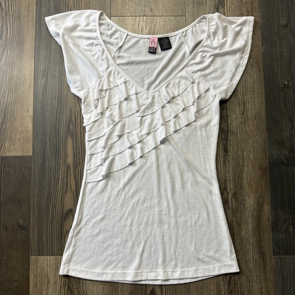 Love On A Hanger Women T-Shirt X-Small White Ruffle Flutter Sleeve Closet Staple